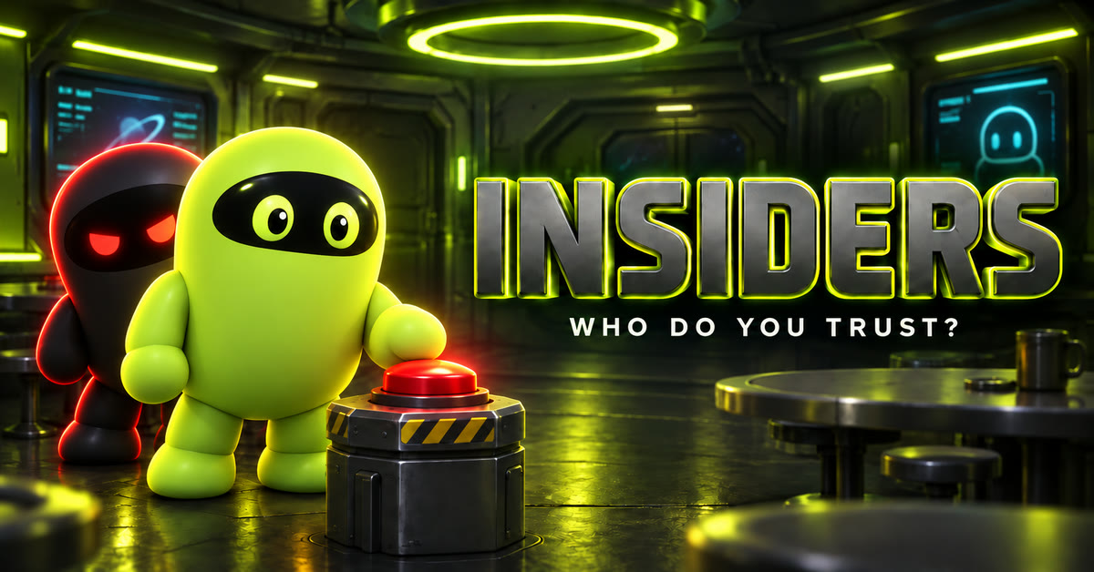 A green crew member reaching for the red emergency button beside the Insiders logo and the words: Who do you trust?