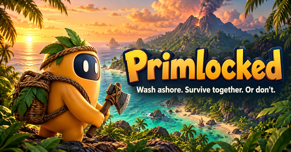 A bean-shaped islander with a stone axe looks over a tropical island with an erupting volcano, beside the Primlocked logo.