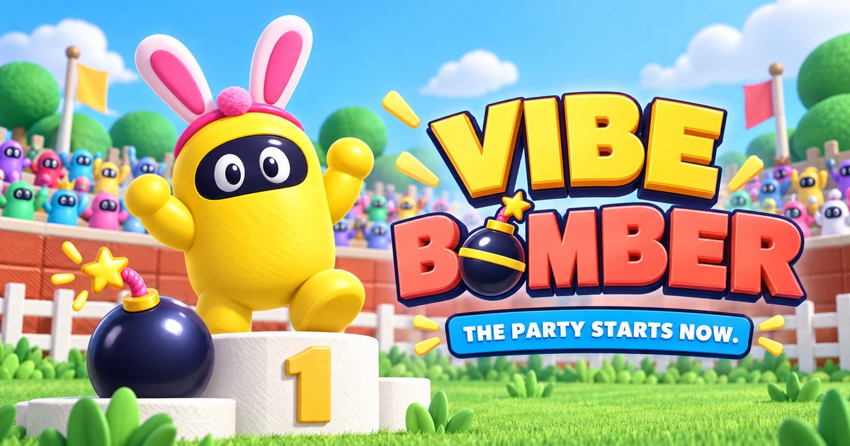 Vibe Bomber: a yellow character in bunny ears cheers on a winner's podium beside a bomb, next to the Vibe Bomber logo. The party starts now.
