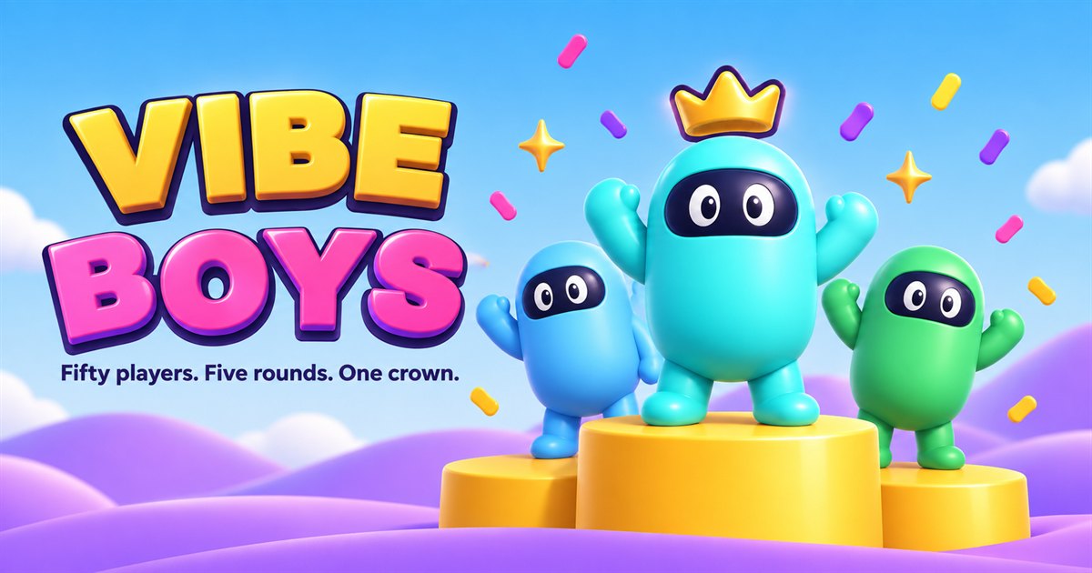 Vibe Boys: three characters on a winners' podium, the middle one wearing a crown. Fifty players. Five rounds. One crown.