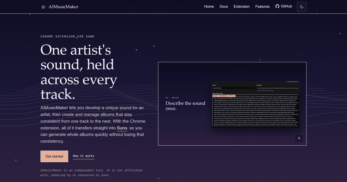 The AIMusicMaker home page: the headline One artist's sound, held across every track, beside a screenshot of an artist's technical style in the app.